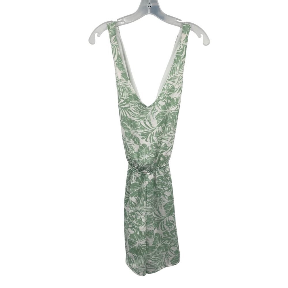 Gilli Leaf Print Romper Sleeveless Crisscross Back Green/White Sz Small Pockets